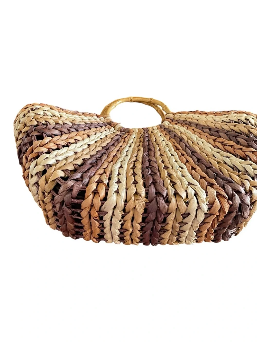 Straw Studios Multi-Neutral Braided Woven Straw Bag Bamboo Handles Bohemian